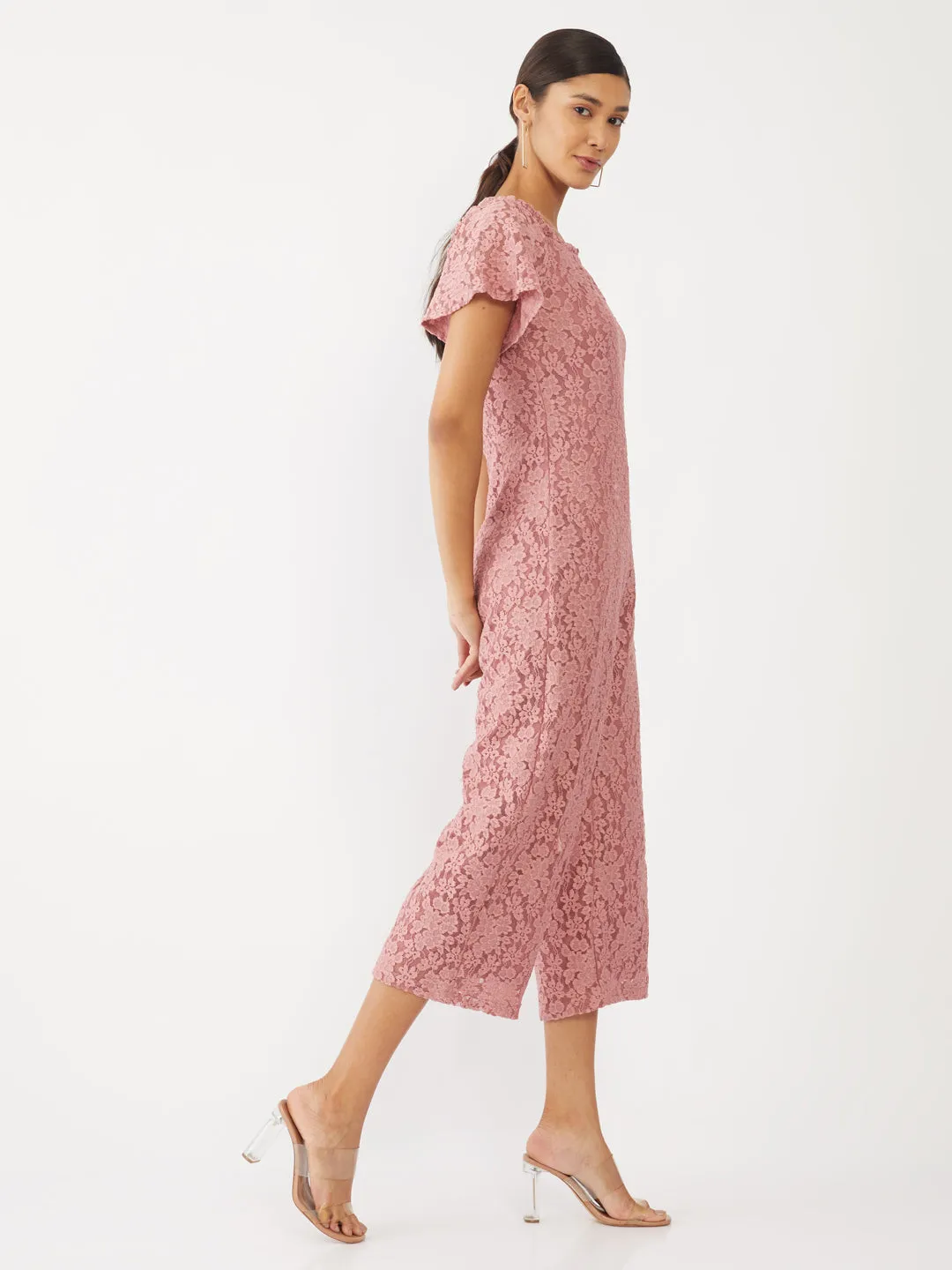 Pink Lace Off-shoulder Jumpsuit
