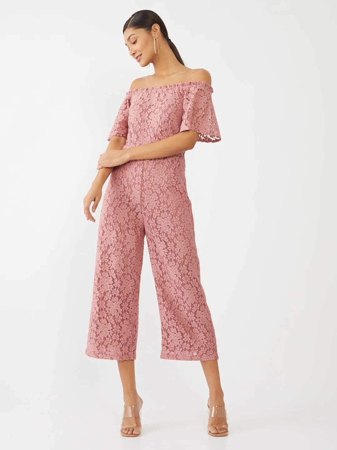 Pink Lace Off-shoulder Jumpsuit