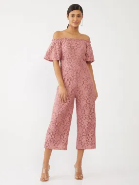 Pink Lace Off-shoulder Jumpsuit
