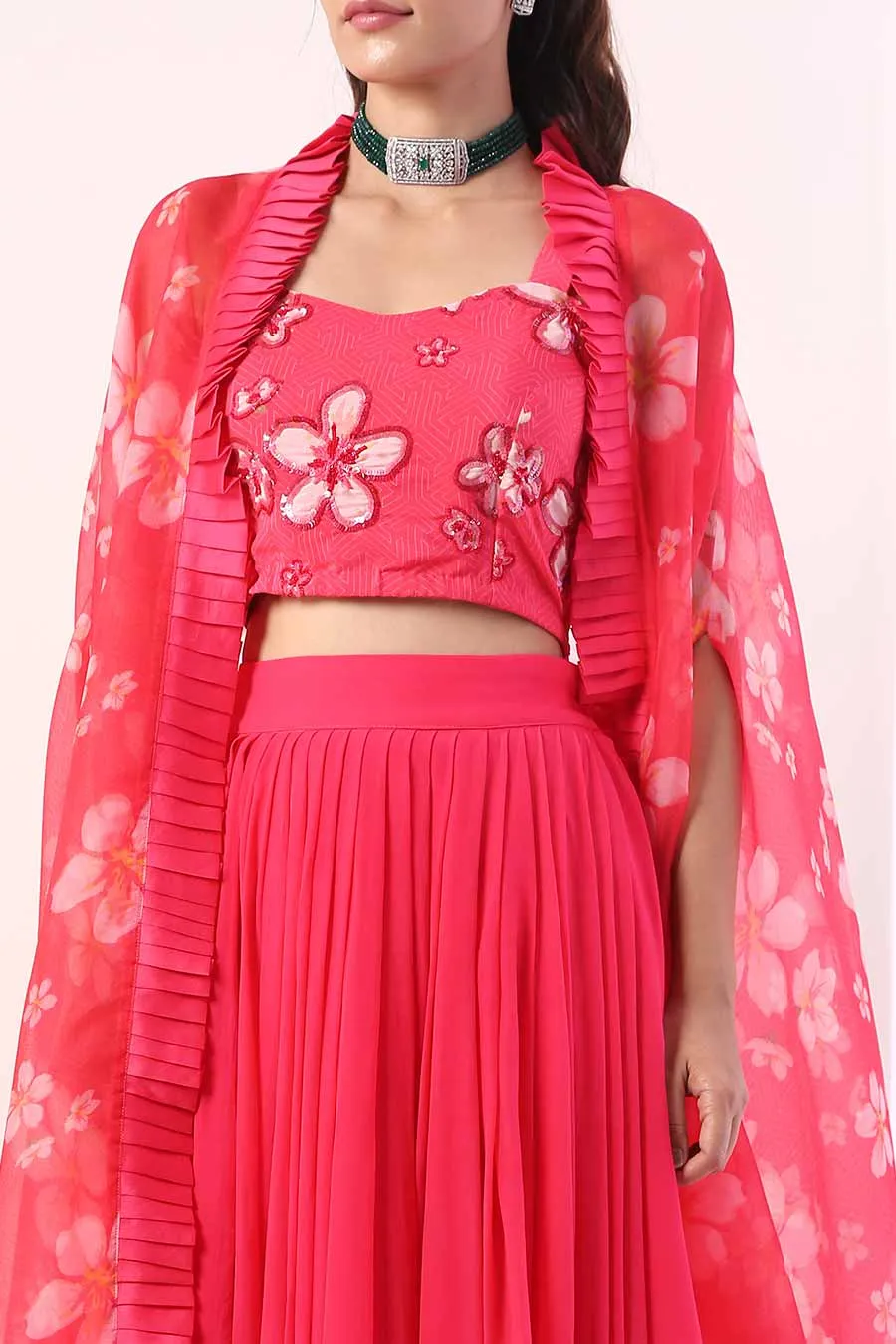 Pink Pleated Lehenga Set With Cape