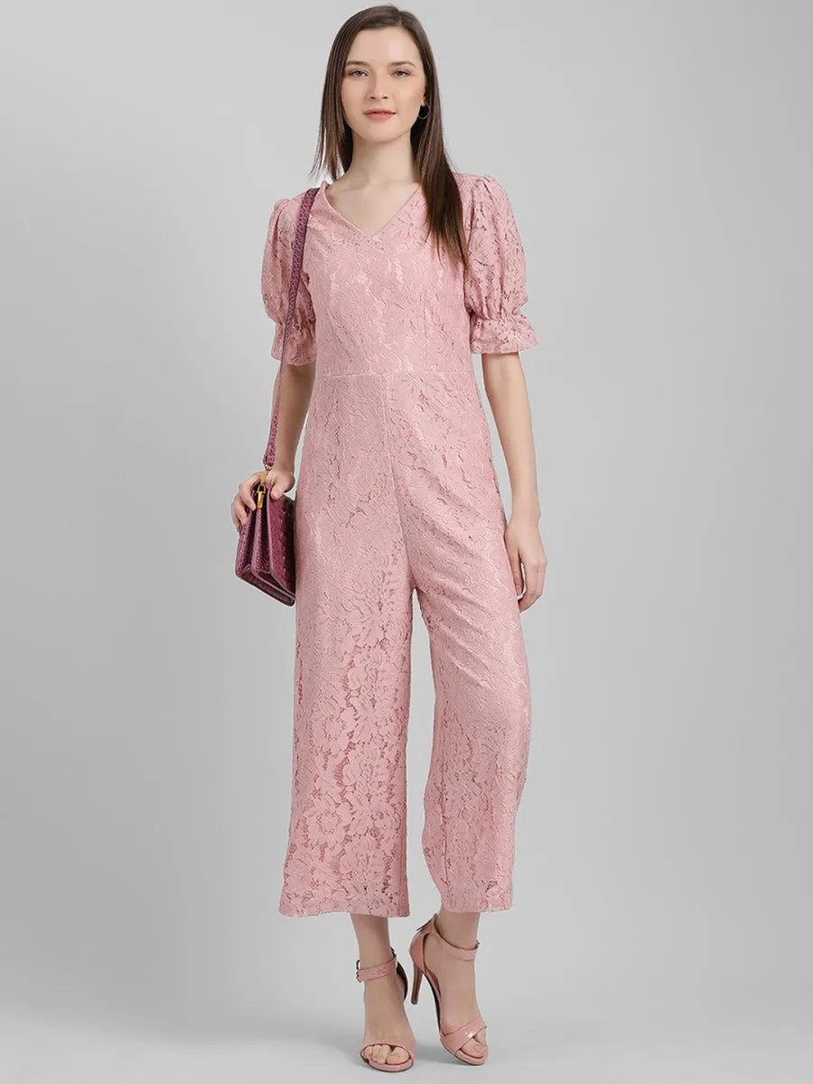 Pink Self Design Regular Jumpsuit