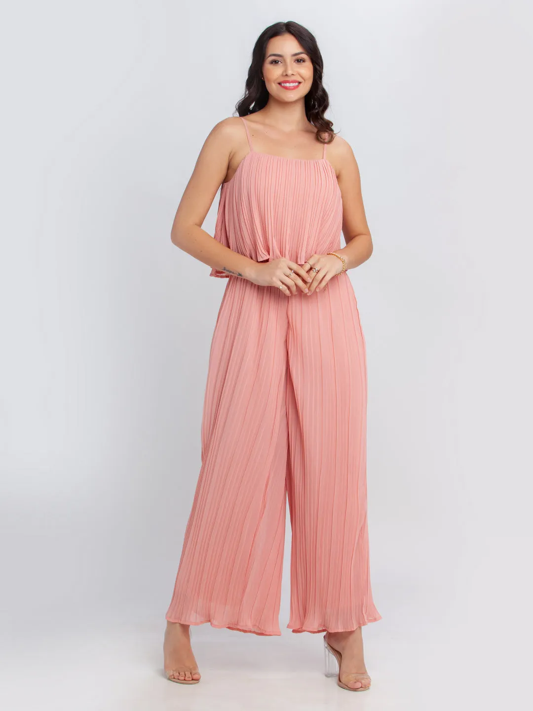 Pink Solid Strappy Culotte Jumpsuit