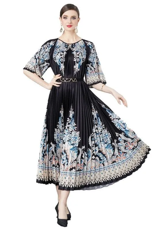 Pleated Floral Patterned Dresses One Size Fits All