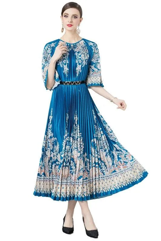 Pleated Floral Patterned Dresses One Size Fits All