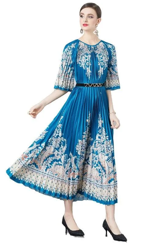 Pleated Floral Patterned Dresses One Size Fits All