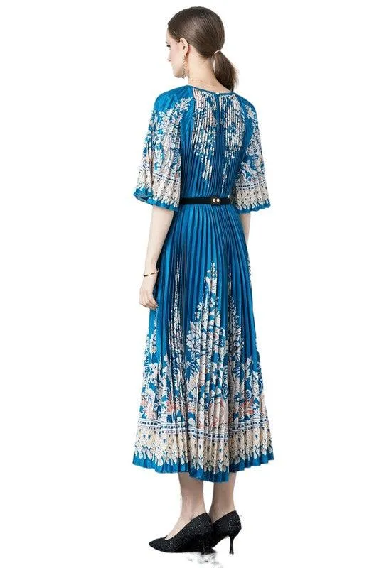 Pleated Floral Patterned Dresses One Size Fits All