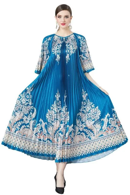Pleated Floral Patterned Dresses One Size Fits All
