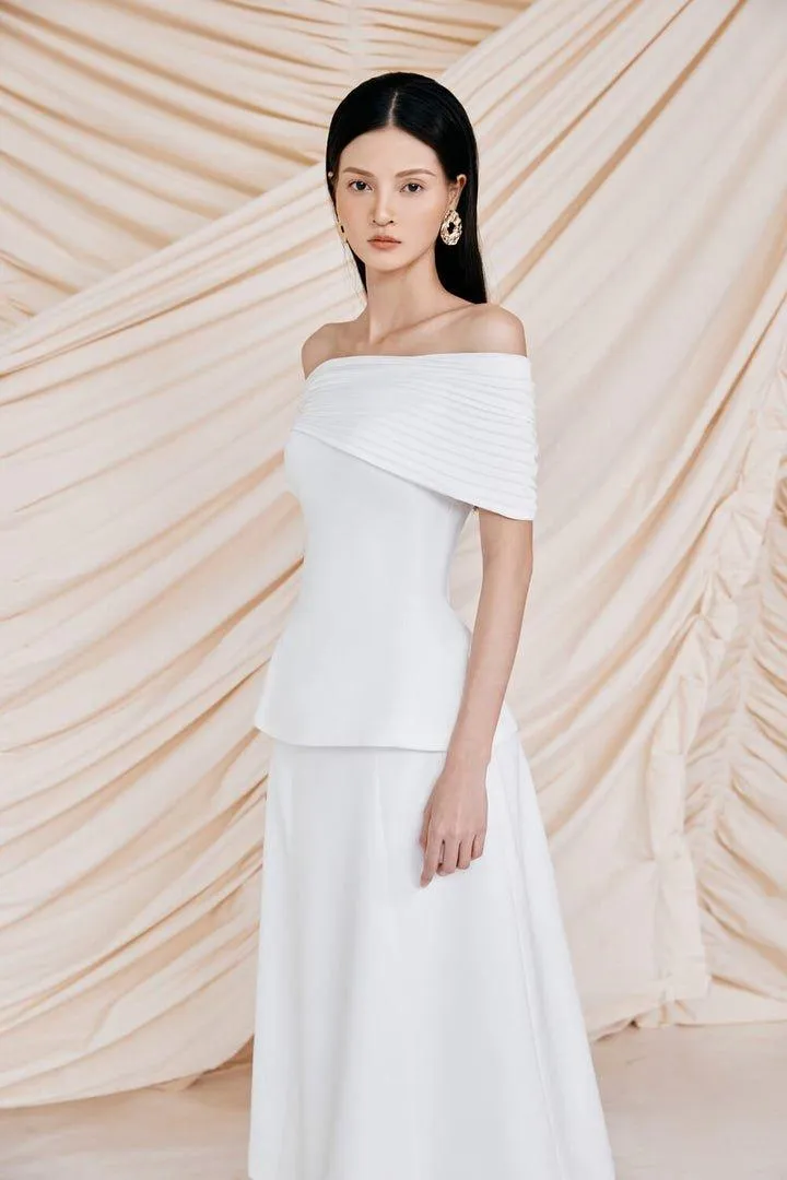 Pleated Shoulder Top & Midi Skirt Set -LYNN