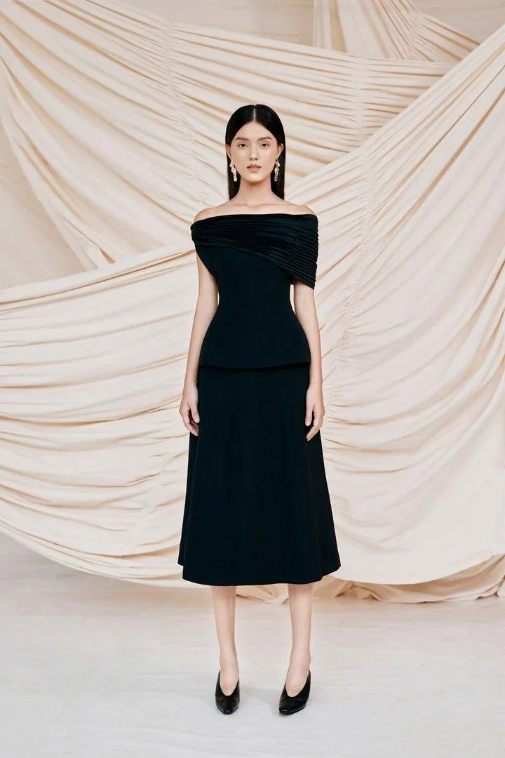 Pleated Shoulder Top & Midi Skirt Set -LYNN
