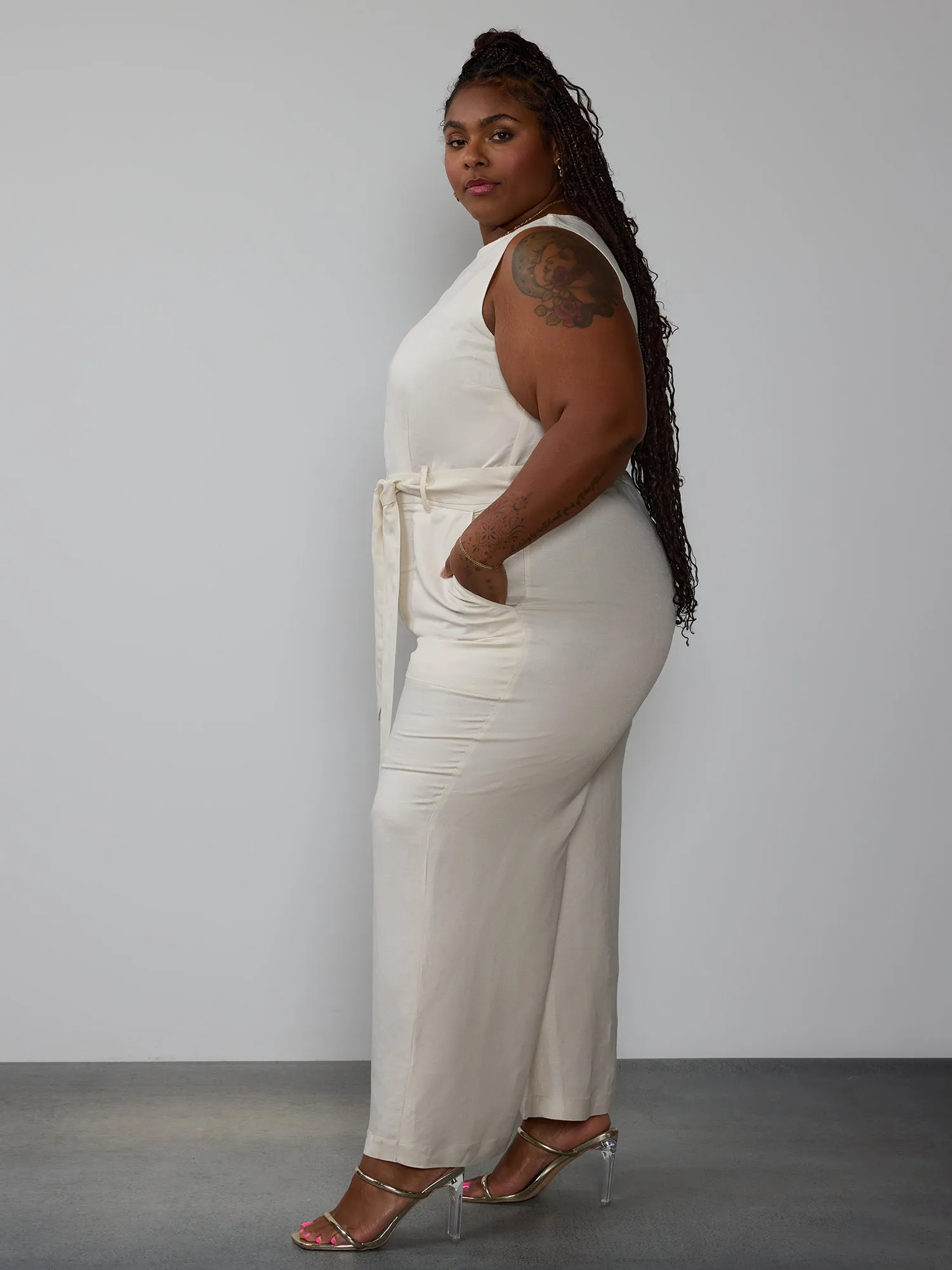 Plus Linen Belted Culotte Jumpsuit