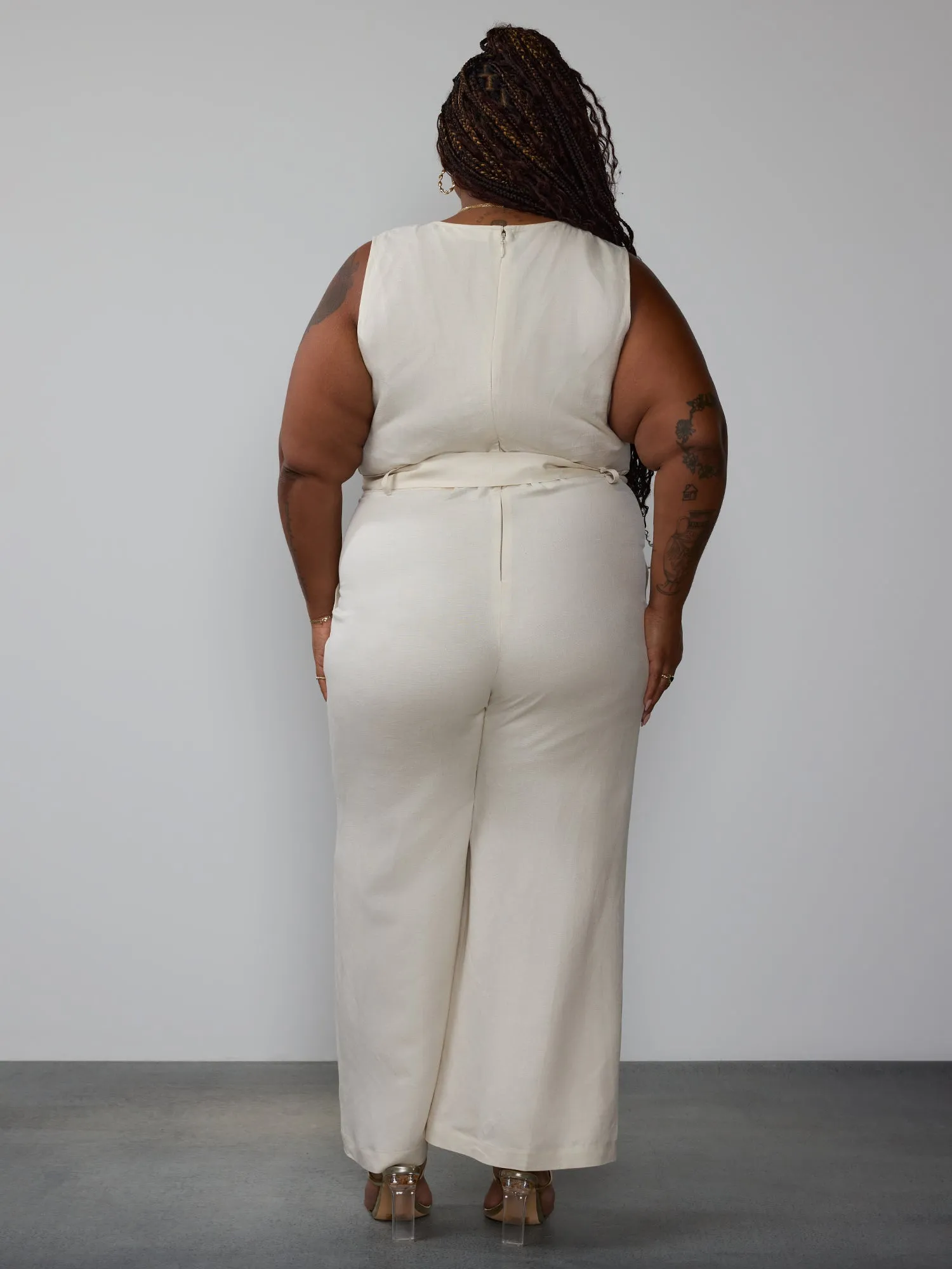 Plus Linen Belted Culotte Jumpsuit