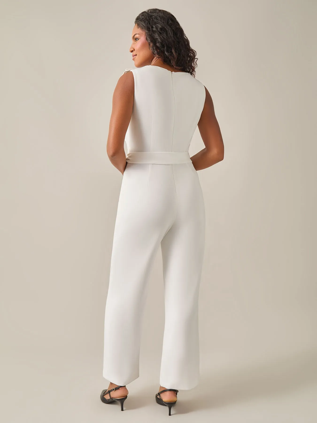 Plus Size Ruffle Shoulder Jumpsuit, White
