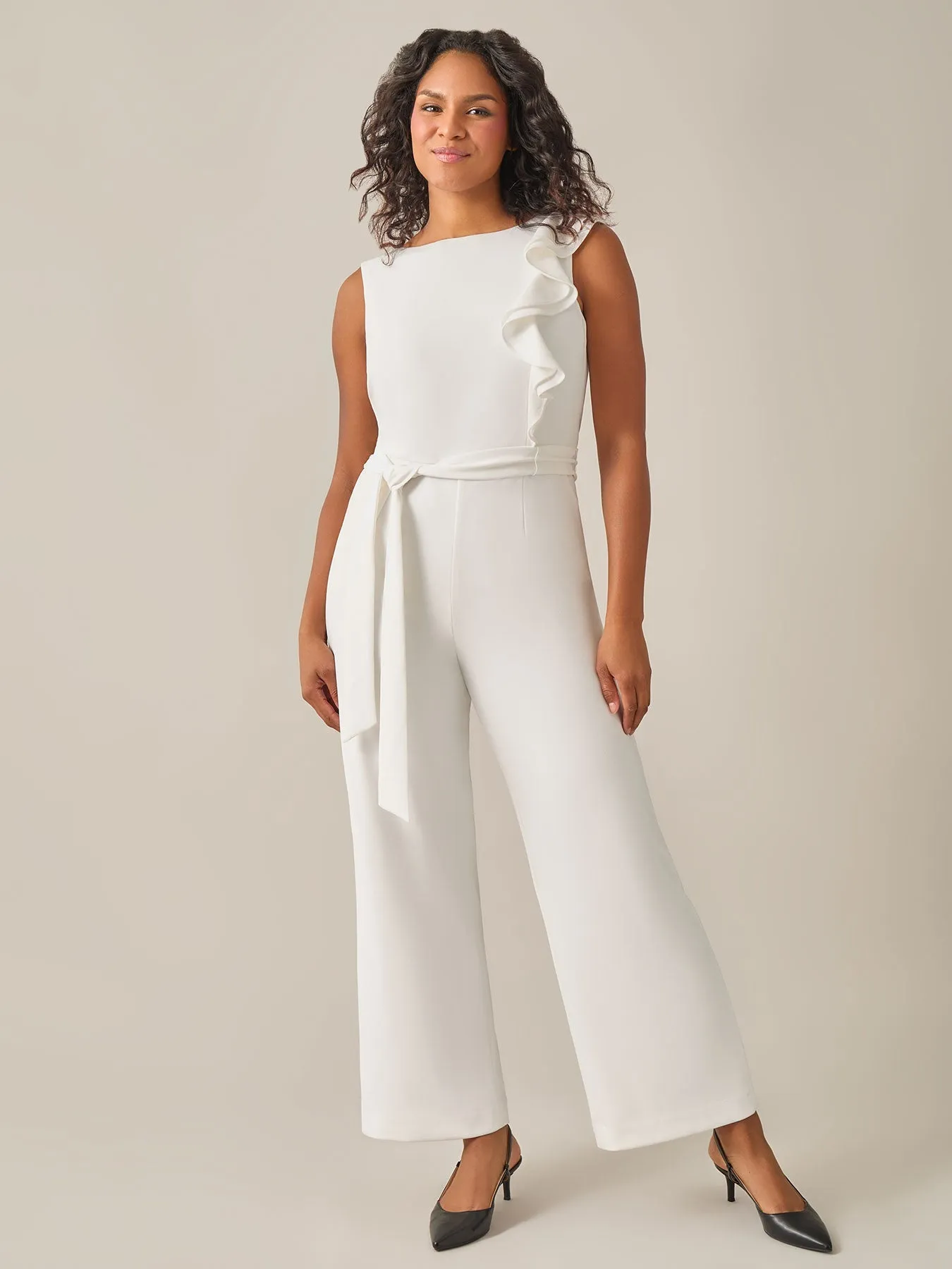 Plus Size Ruffle Shoulder Jumpsuit, White