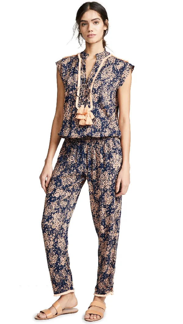 Poupette St. Barth Donna Peach and Navy Tassel Jumpsuit - S