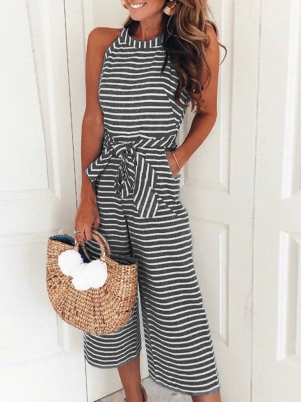 Purpdrank - Striped Waist Belted Wide Leg Jumpsuit