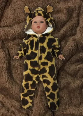 "Farmsie" Giraffe Print Fleece Jumpsuit with Hood