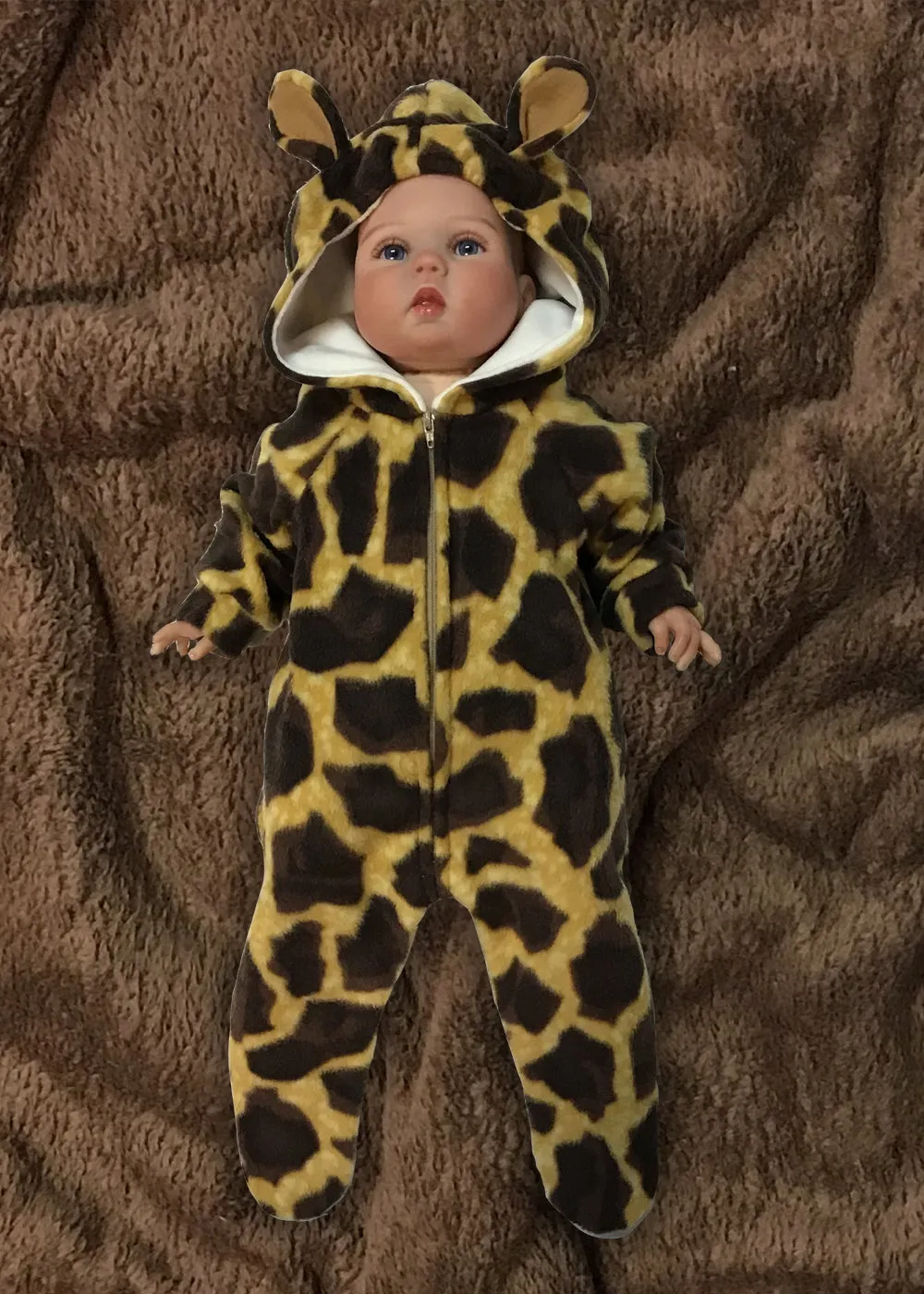 "Farmsie" Giraffe Print Fleece Jumpsuit with Hood