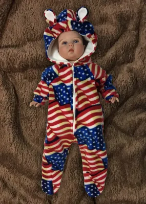 "Farmsie" Patriotic Print Fleece Jumpsuit with Hood
