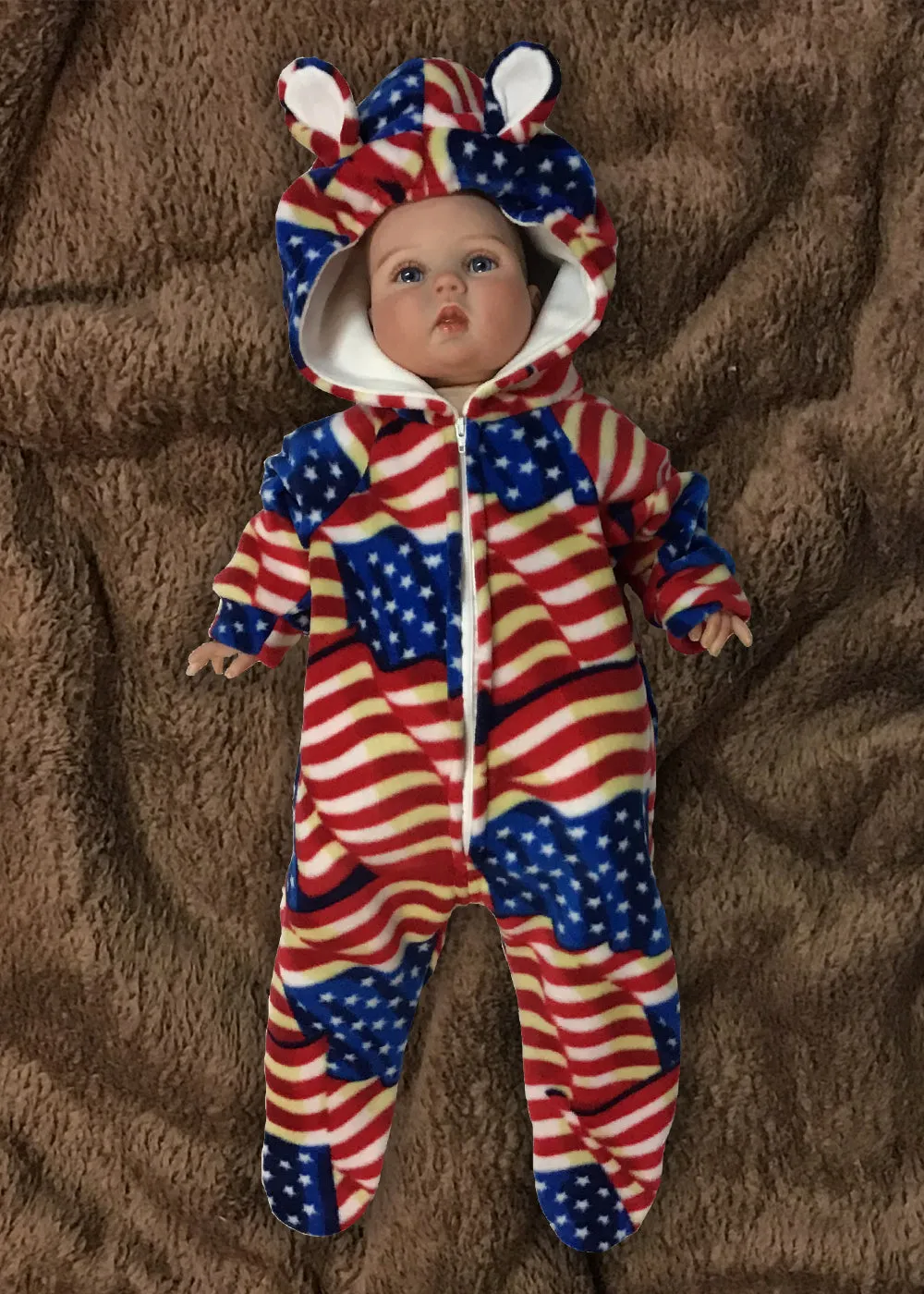 "Farmsie" Patriotic Print Fleece Jumpsuit with Hood