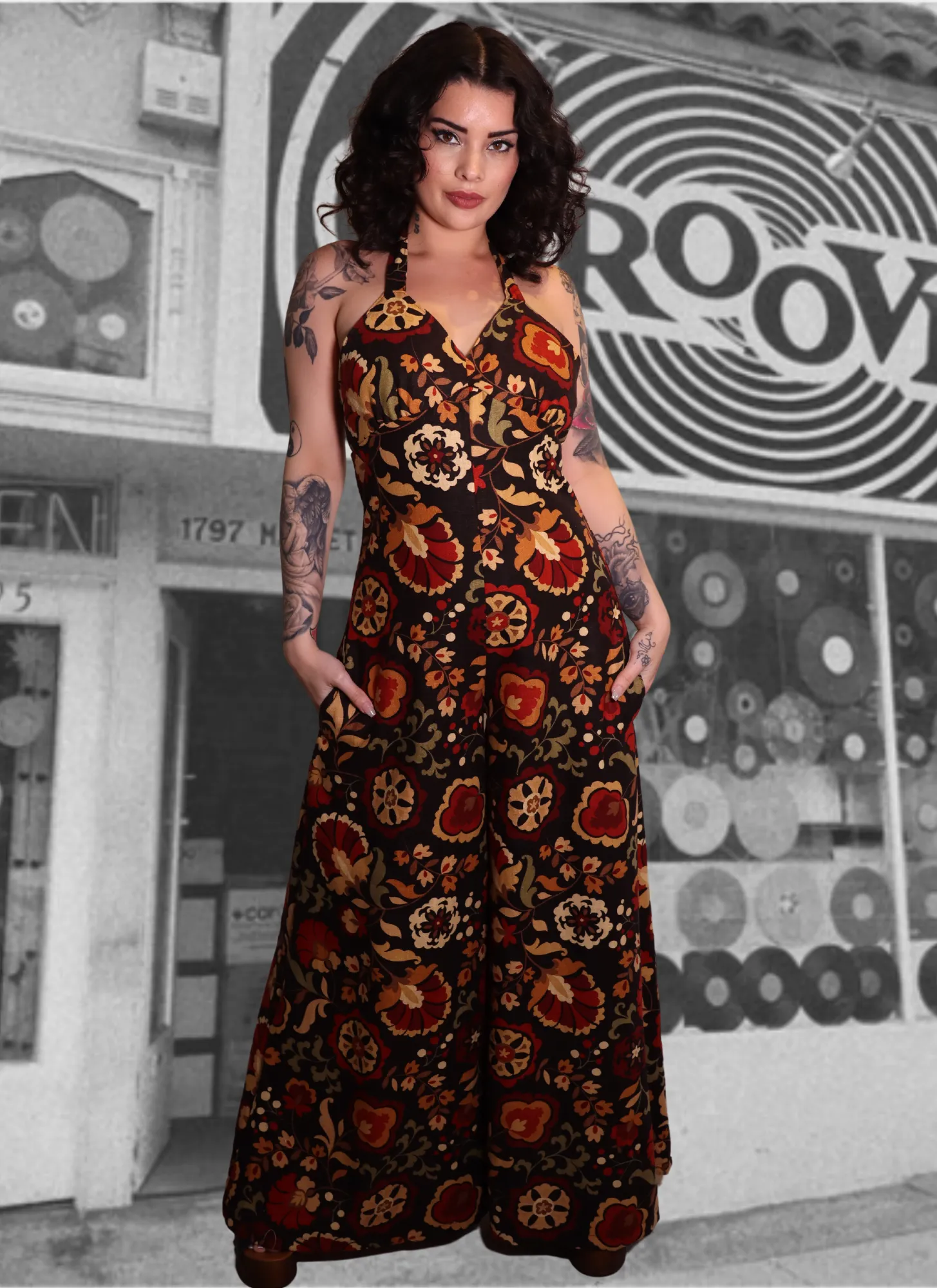 "Full Tilt Boogie" One of a kind Palazzo halter jumpsuit with matching cape