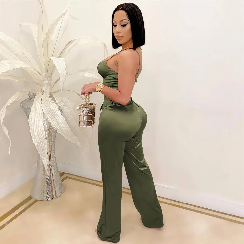 Rachel High Waisted Wide Leg Pants One Piece Sleeveless Jumpsuit with Belt