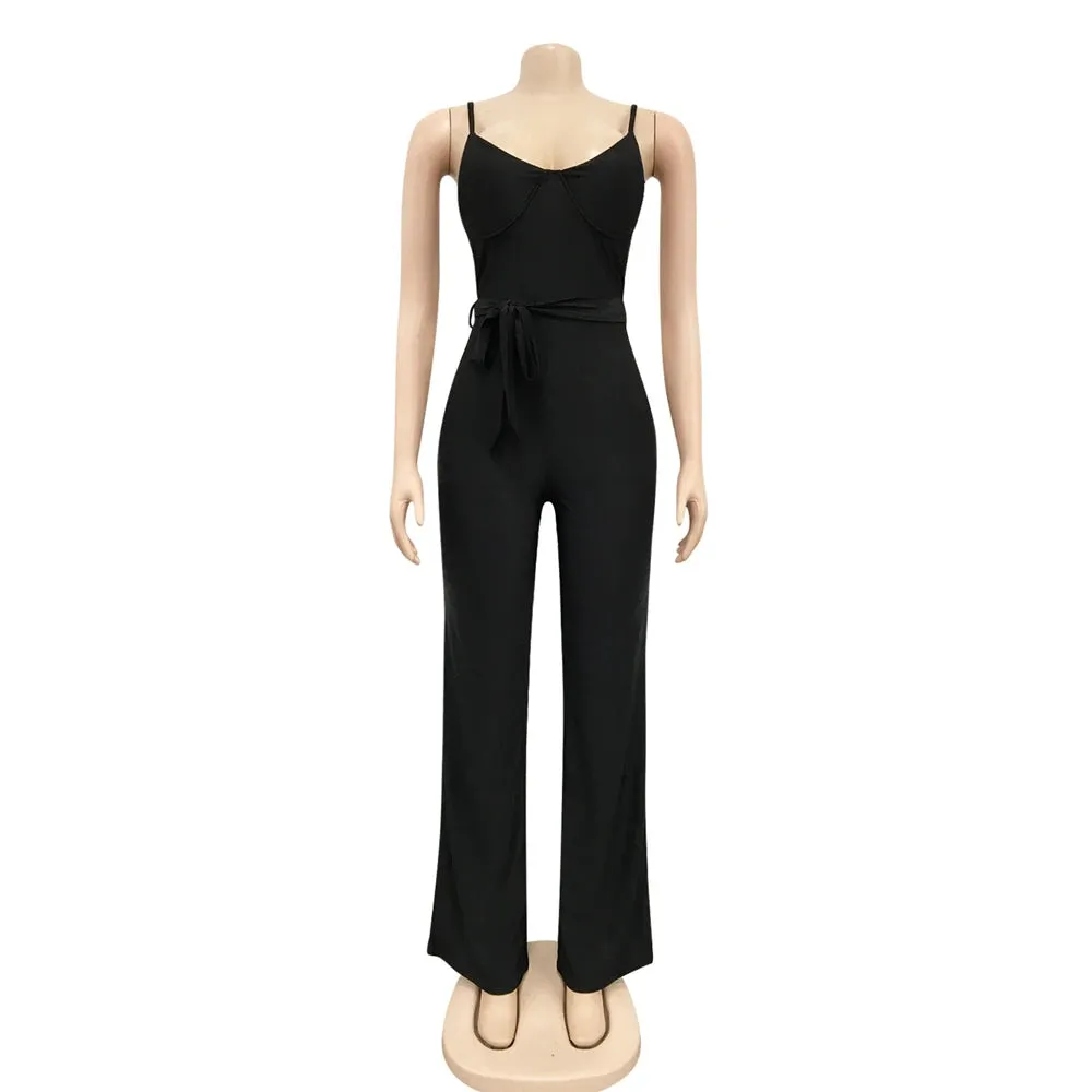 Rachel High Waisted Wide Leg Pants One Piece Sleeveless Jumpsuit with Belt