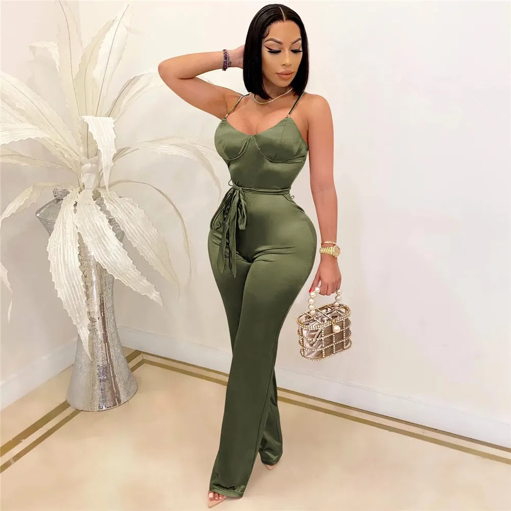 Rachel High Waisted Wide Leg Pants One Piece Sleeveless Jumpsuit with Belt