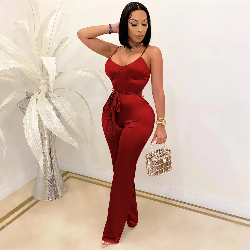 Rachel High Waisted Wide Leg Pants One Piece Sleeveless Jumpsuit with Belt