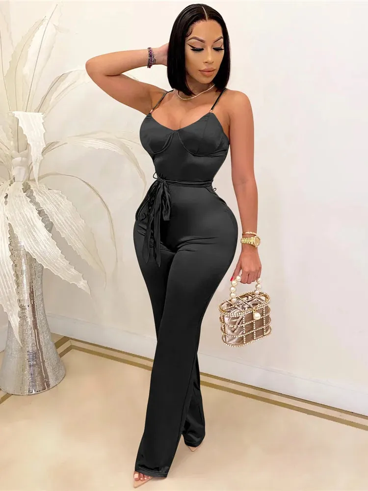 Rachel High Waisted Wide Leg Pants One Piece Sleeveless Jumpsuit with Belt