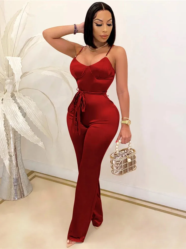 Rachel High Waisted Wide Leg Pants One Piece Sleeveless Jumpsuit with Belt