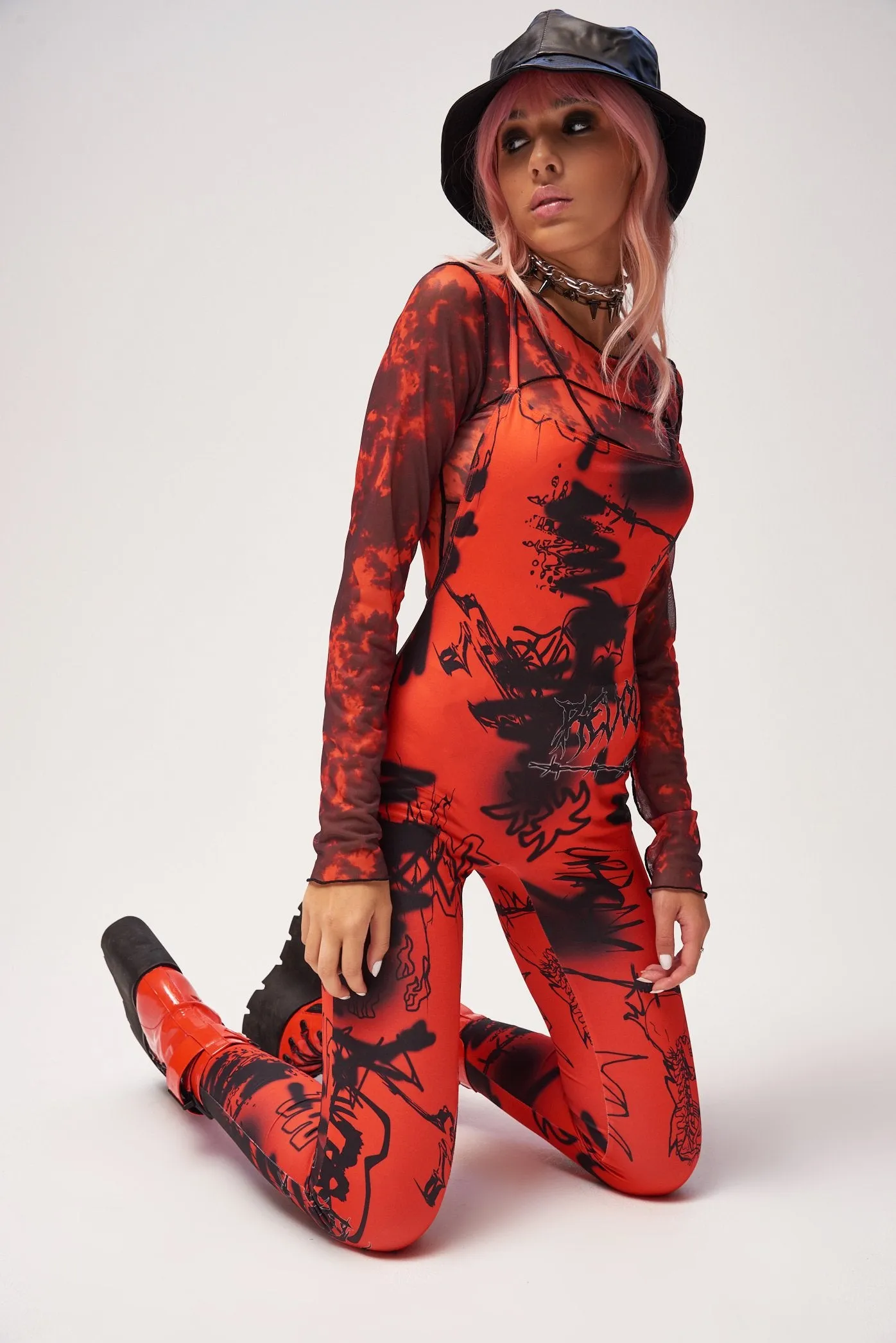 Red & Black Graffiti Print Square Neck Catsuit