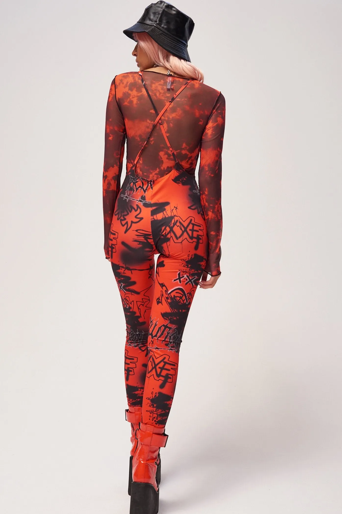 Red & Black Graffiti Print Square Neck Catsuit