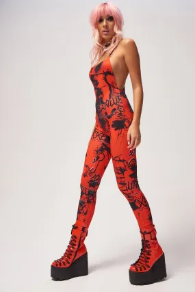 Red & Black Graffiti Print Square Neck Catsuit