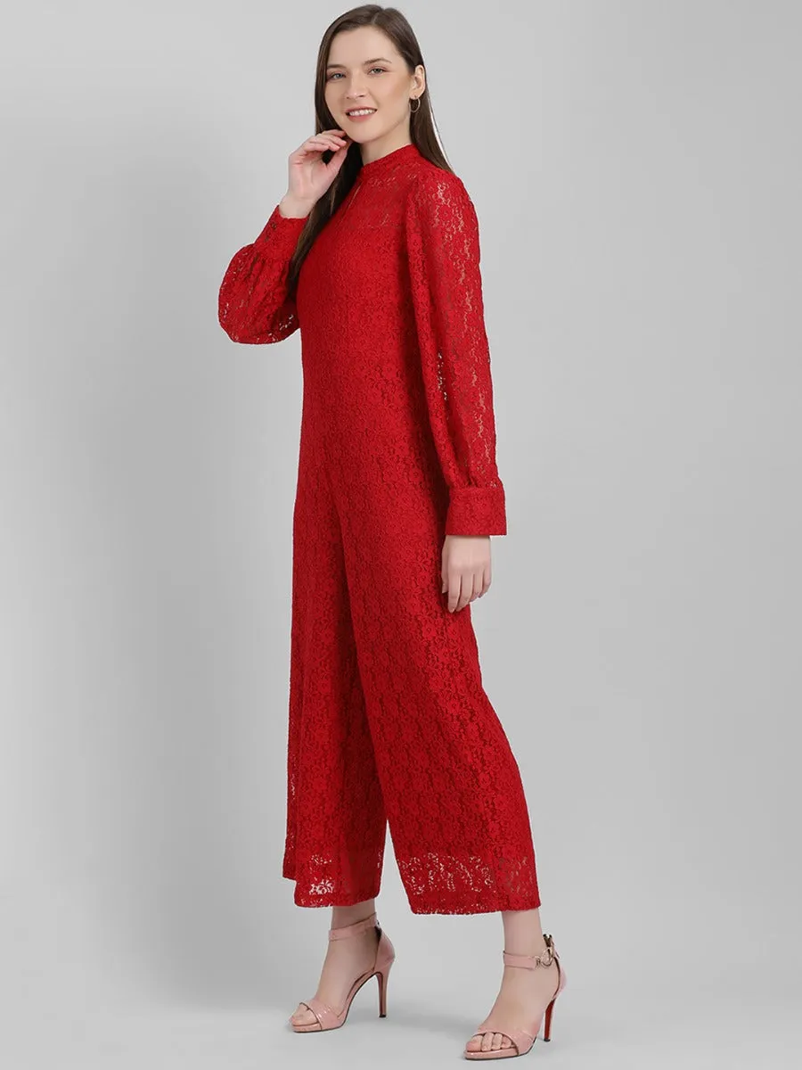 Red Self Design Regular Jumpsuit