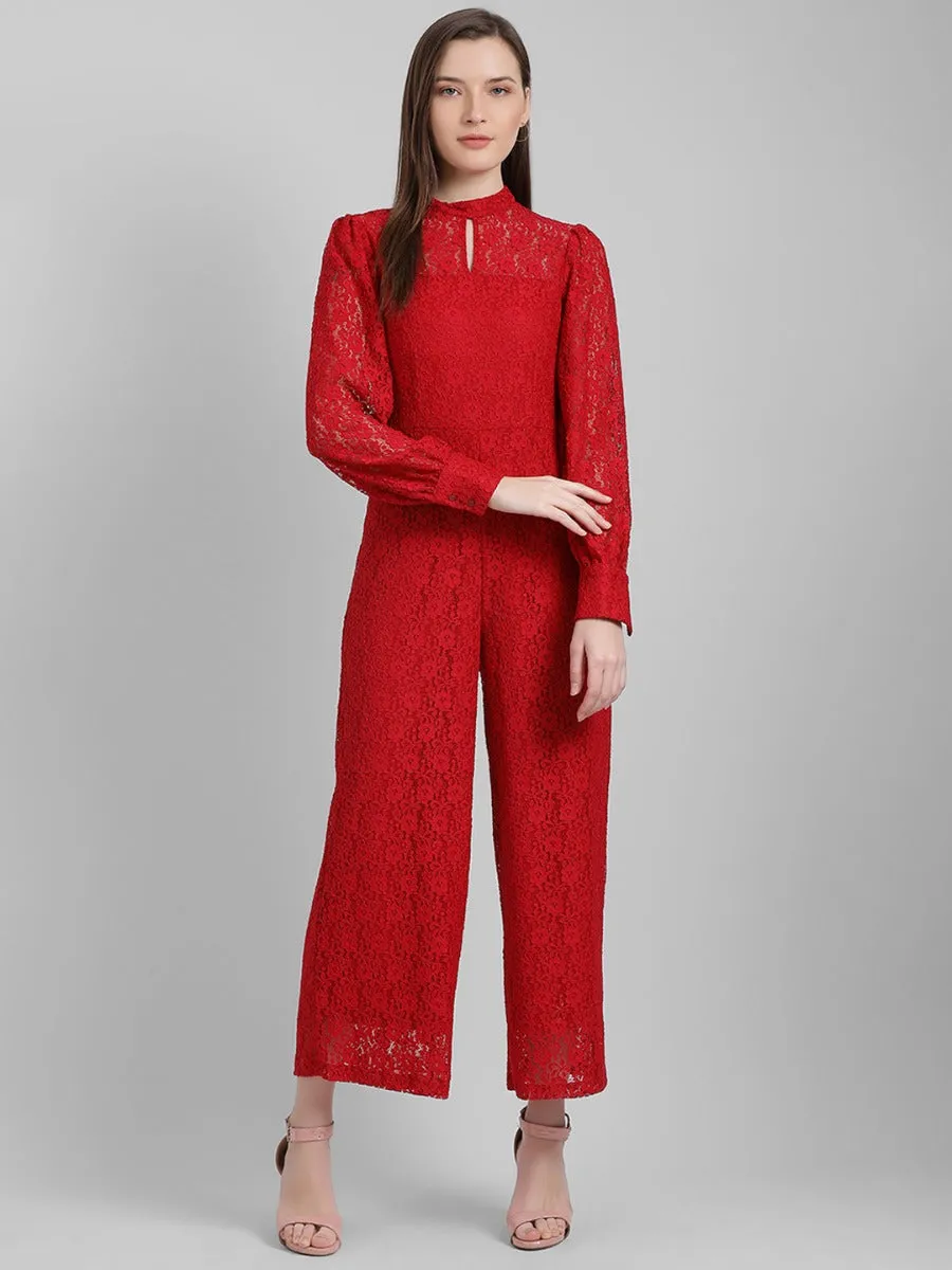 Red Self Design Regular Jumpsuit