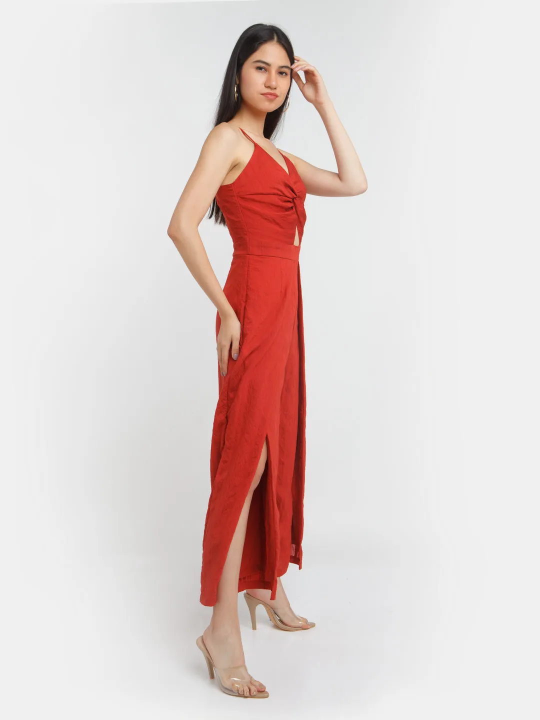 Red Solid Cut Out Jumpsuit
