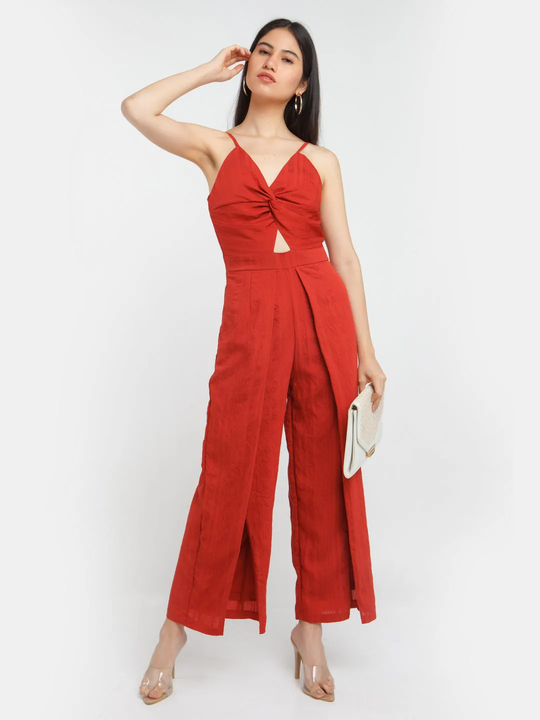 Red Solid Cut Out Jumpsuit