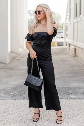Runs On Dreams Black Ruched Bust Off The Shoulder Jumpsuit FINAL SALE