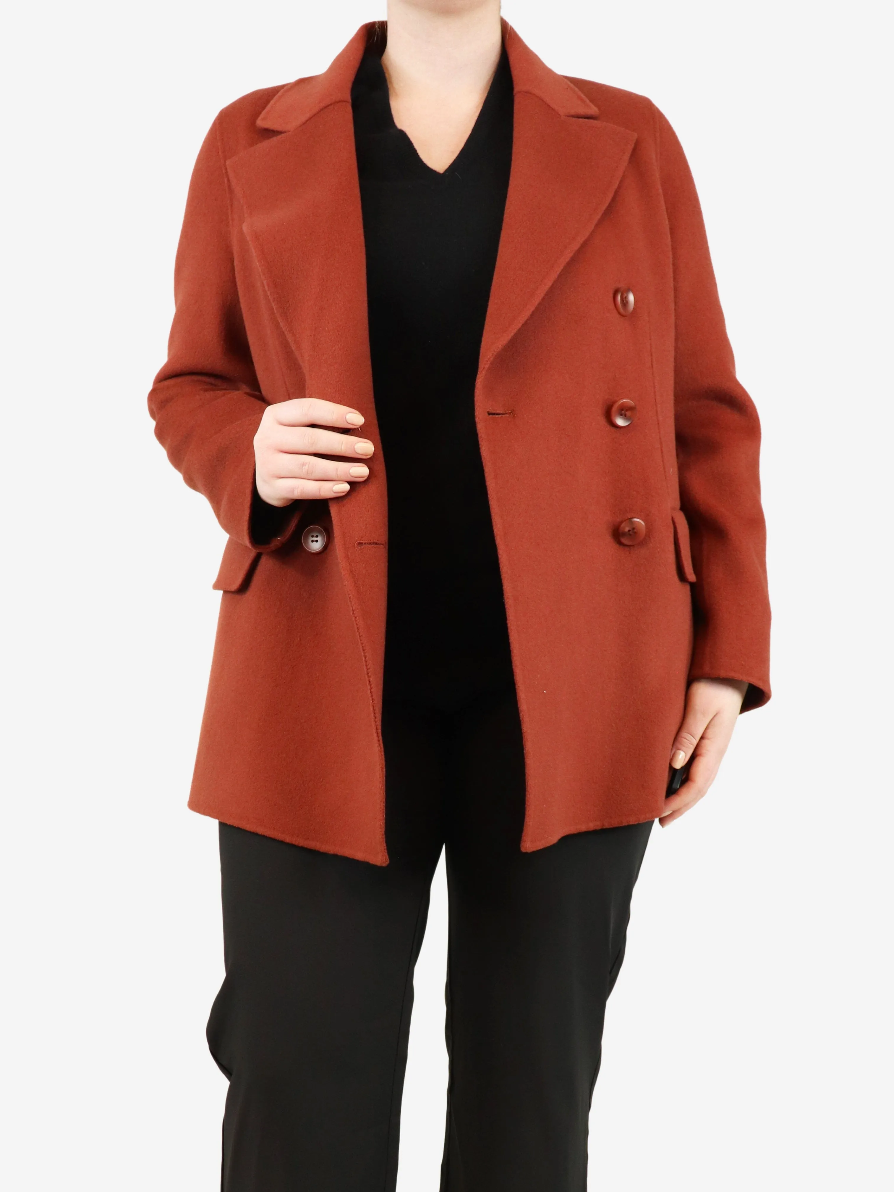 Rust brown double-breasted wool peacoat - size UK 14