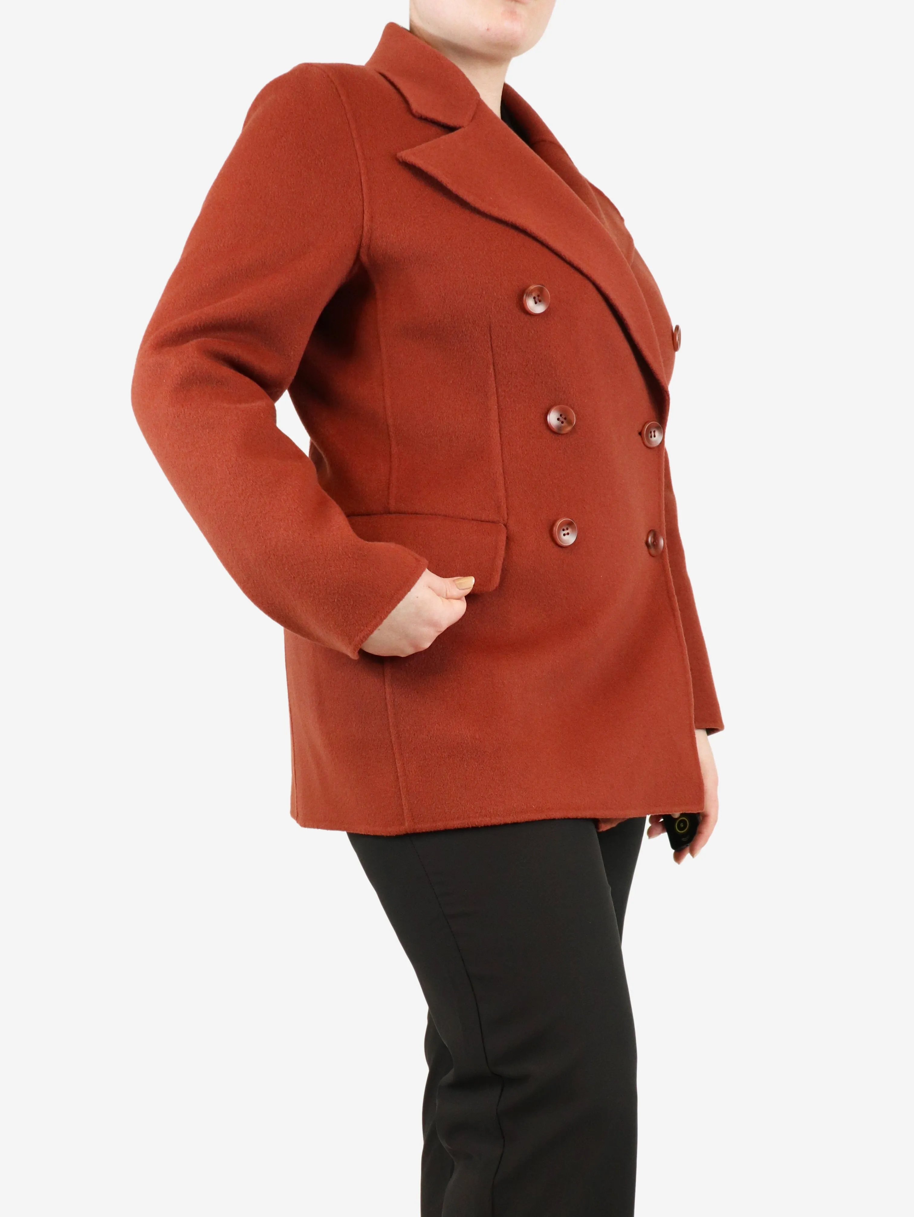 Rust brown double-breasted wool peacoat - size UK 14