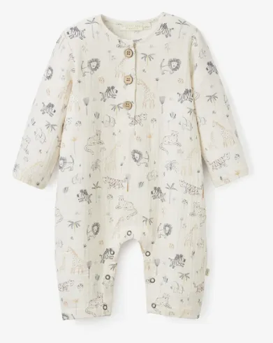 Safari Print Organic Muslin Henley Baby Jumpsuit
