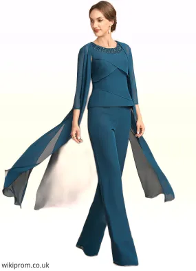 Saniyah Jumpsuit/Pantsuit Scoop Neck Floor-Length Chiffon Mother of the Bride Dress With Beading Cascading Ruffles SWK126P0014956