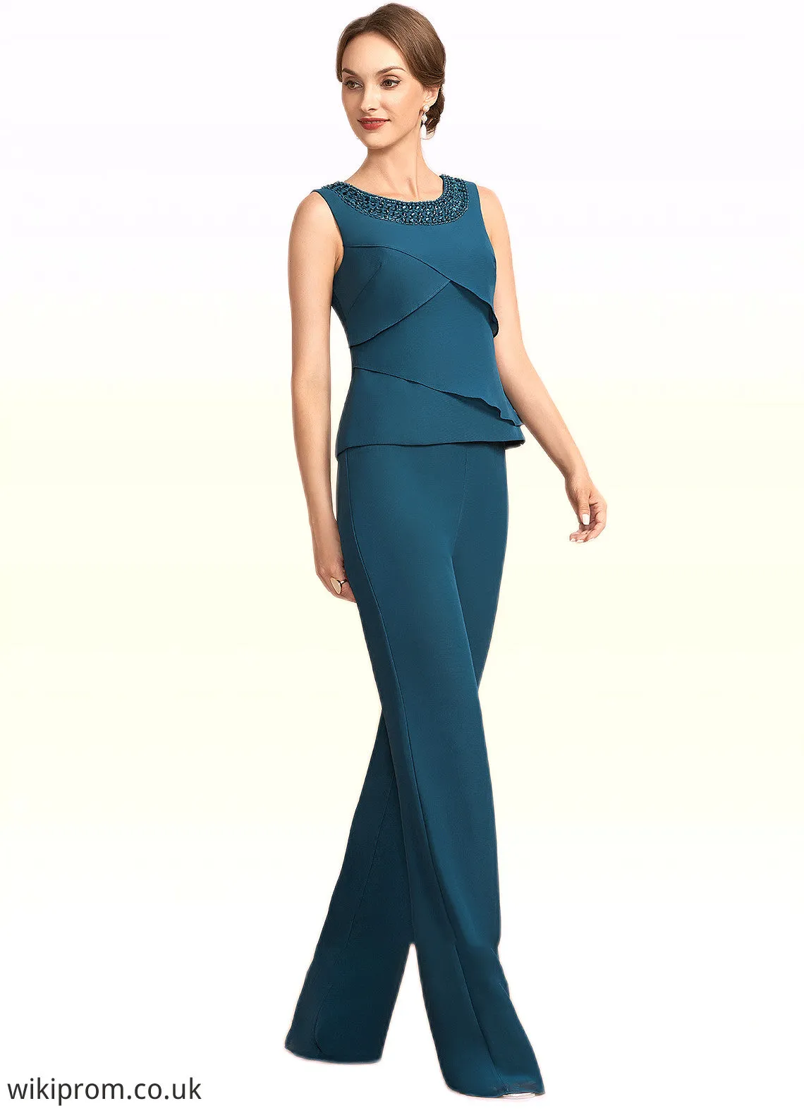 Saniyah Jumpsuit/Pantsuit Scoop Neck Floor-Length Chiffon Mother of the Bride Dress With Beading Cascading Ruffles SWK126P0014956