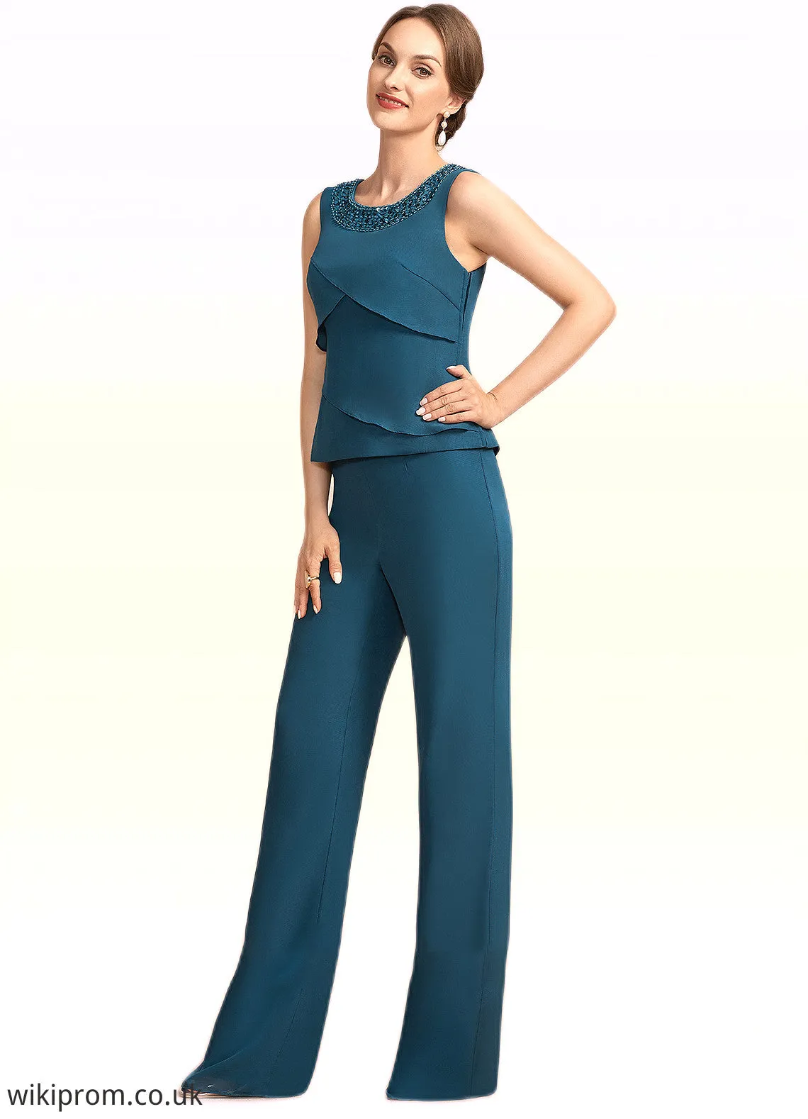 Saniyah Jumpsuit/Pantsuit Scoop Neck Floor-Length Chiffon Mother of the Bride Dress With Beading Cascading Ruffles SWK126P0014956
