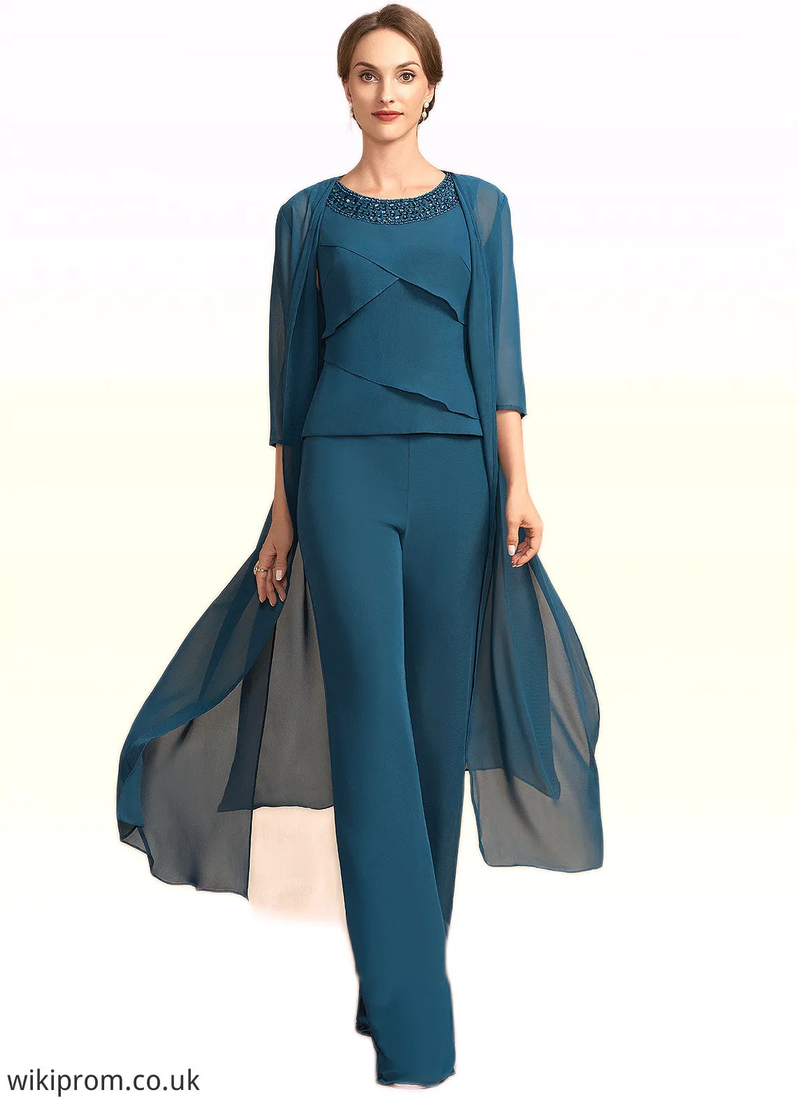 Saniyah Jumpsuit/Pantsuit Scoop Neck Floor-Length Chiffon Mother of the Bride Dress With Beading Cascading Ruffles SWK126P0014956