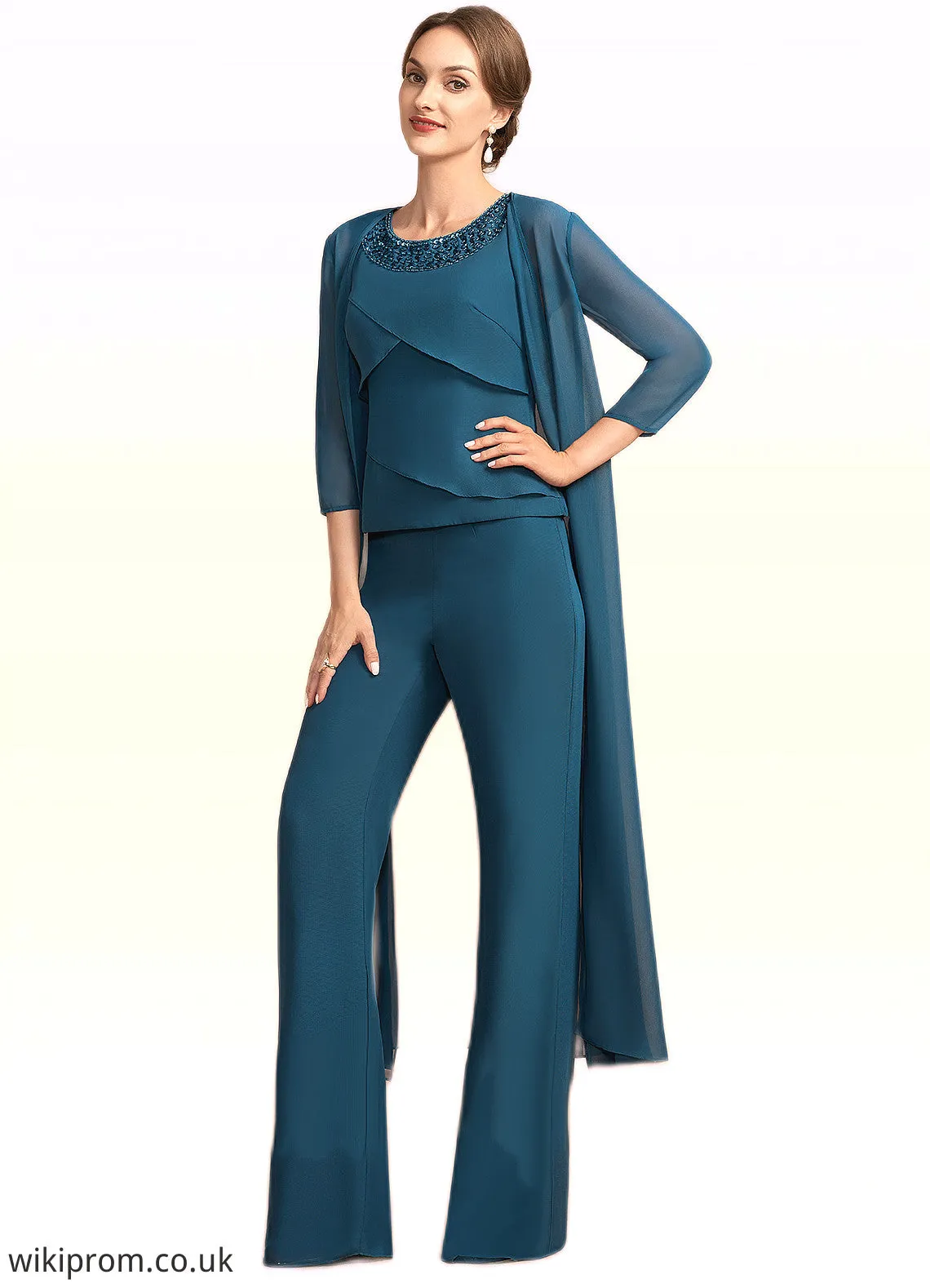Saniyah Jumpsuit/Pantsuit Scoop Neck Floor-Length Chiffon Mother of the Bride Dress With Beading Cascading Ruffles SWK126P0014956