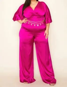 Satin Wrap Front Smocked Waist Jumpsuit