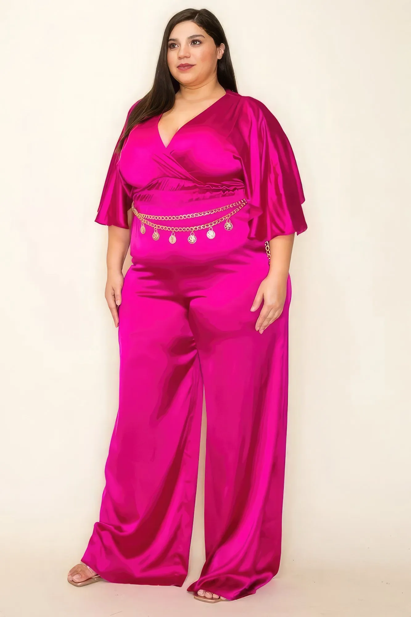 Satin Wrap Front Smocked Waist Jumpsuit