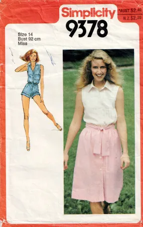 Simplicity 9378 Womens Short Jumpsuit/ Playsuit & Button Front Skirt 1980s Vintage Sewing Pattern Size 14 Bust 36 inches