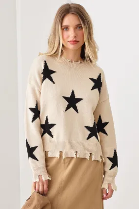 Star Printed Frayed Detail Long Sleeve Sweater